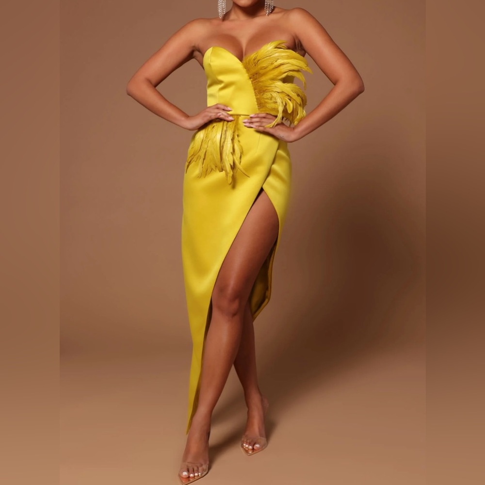 Strapless Yellow maxi gown with split